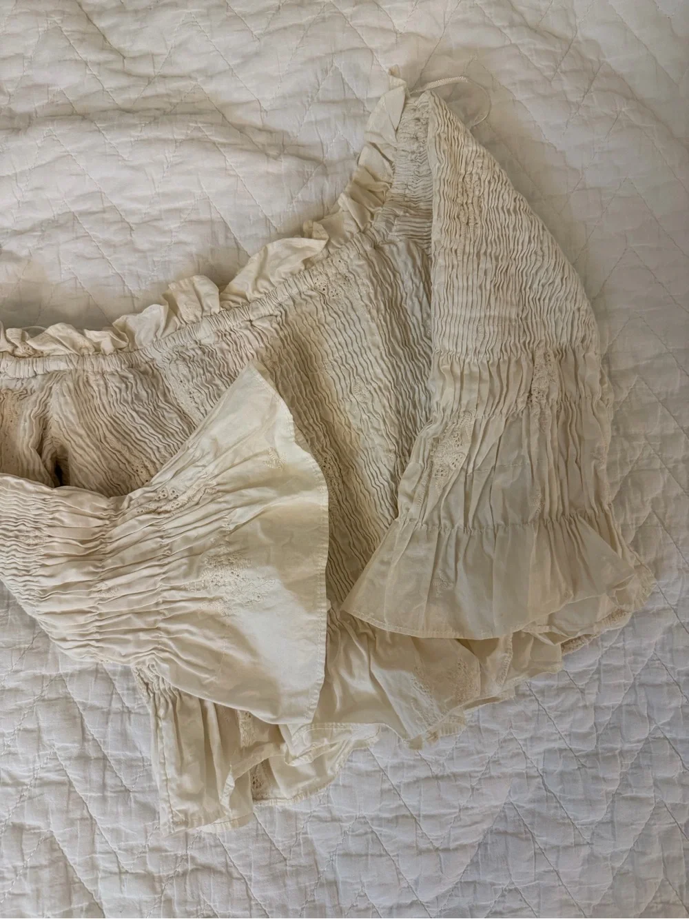 Zara Cream Smocked Ruffle Long-Sleeve Top